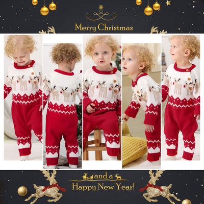 mimixiong Baby Christmas Sweater Toddler Reindeer Outfit Long Sleeve Red Clothes (0-6Months,Red-Jumpsuit)