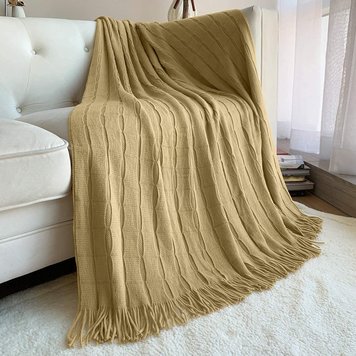 DISSA Knit Blanket Woven Blanket Throws for Sofa Throws for Couch Blanket Cover Boho Throw Blanket for Bed Cozy Super Soft Solid Plush Decorative Throw Blanket with Tassels (Khaki, 50"x60")