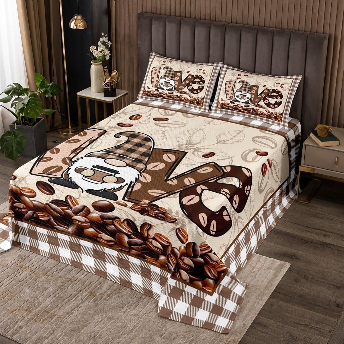 Coffee Bedspread Queen Size Geometric Brown White Grid Bedding Set Cartoon Gnome Print Comforter Set 3pcs for Kids Girls Boys Adults Room Decor Quilt Set, 2 Pillowcases