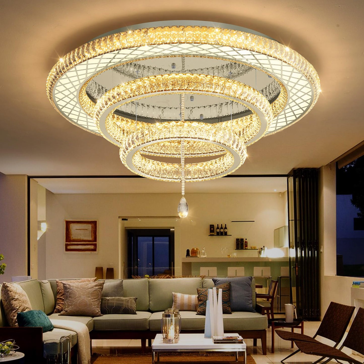 39.4" Modern Crystal Chandeliers Dimmable Lager Chandelier LED Flush Mount Ceiling Light High Ceiling Chandelier for Living Room Dining Room Bedroom Foyer Hallway Entryway Silver