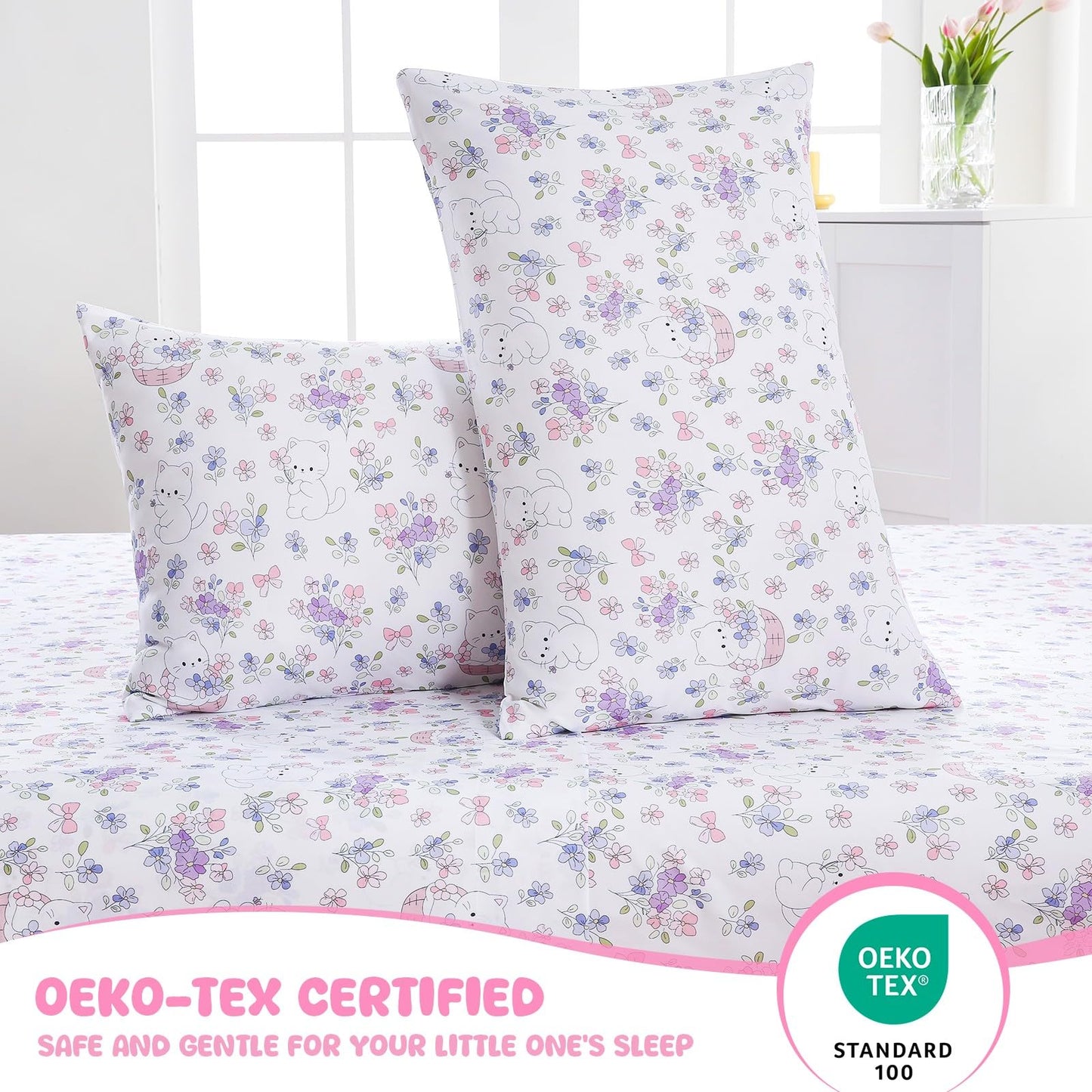 MICORAL Kids Twin Sheet Set Purple Flowers Cats, 3 Pieces Sheets for Boys & Girls, Soft Printed Microfiber Bed Sheets, Deep Pocket Cozy Toddler Bedding Set, Purple Flowers Cats