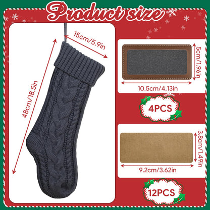 steo spce 4 Pack Personalized Christmas Stocking with Leather Patches Custom Name Family Christmas Stockings, 18.5” Large Knitted Xmas Stockings for Kids, Holiday and Fireplace Party Decoration