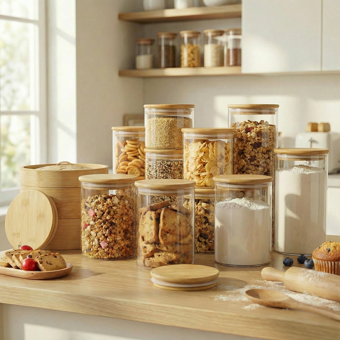 32oz - 4 Pack Glass Jars with Bamboo Lids, Glass Pantry Storage Containers with Airtight Lids, Round Air Tigh Food Storage Canisters for Cereal, Pasta, Flour, Sugar, Rice, Best for Kitchen Organizer