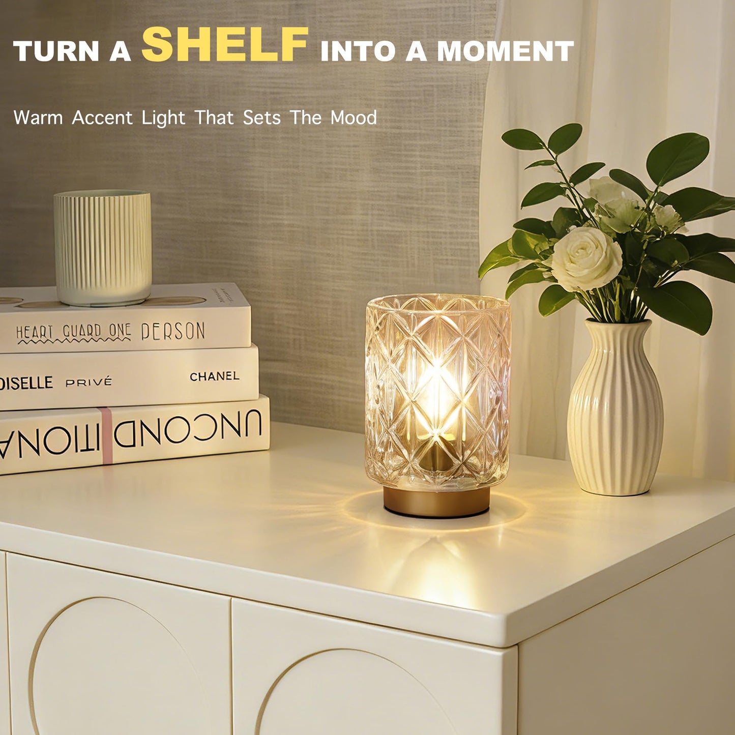 Battery Operated Lamp,Cordless Samll Glass Accent Lamp with Timer for Nightstand,Warm White Cozy Ambient Decorative Table Lamps for Shelf/Dorm/Office Cubicle/Desk/Entryway/Bedside(Iridescent Clear)