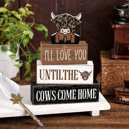 Marsui 4 Pcs Highland Cow Table Decorations Cow Wooden Signs Rustic Cow Tiered Tray Decor Western Tabletop Centerpieces Farmhouse Distressed Highland Cow Decor for Home Desk Room Kitchen Shelf Decor