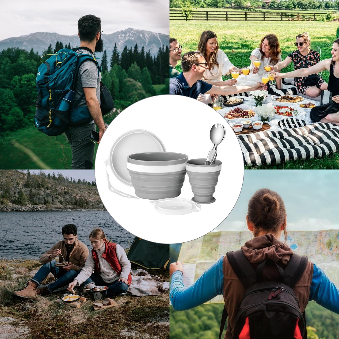 Odoland Camping Collapsible Silicone Cup and Bowl Set, Portable Mess Kit with Stainless Steel Spork and Lid for 1 Person Backpacking, Family Cookware, Hiking, Picnic, Travel