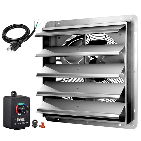 iPower 24 Inch Wall Mounted Shutter Exhaust Fan with Speed Controller and Power Cord Kit, Aluminum, 1400 RPM, 4016 CFM, for Attic, Garage, Louvered Vent, Plant, Greenhouse, Silver