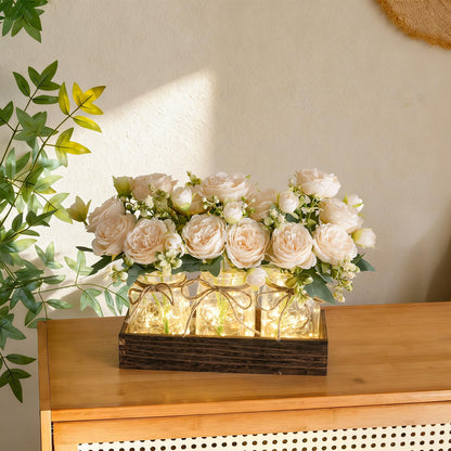 LUEUR Mason Jar Lights Centerpiece with Farmhouse Wood Tray – 3 Jars with Champagne Peony Spring Flowers, Spring & Summer Wedding Decoration for Dining Table, Coffee Table, Kitchen & Living Room