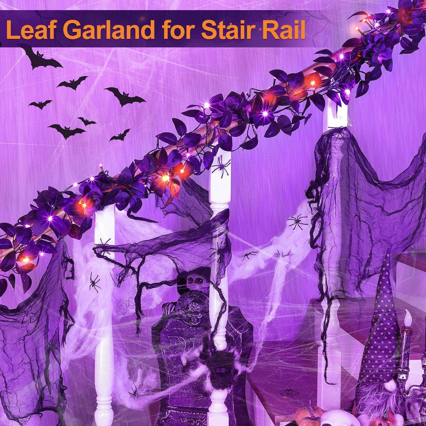 Timer - 6 Feet Halloween Garland with Lights, Artificial Black Garland with Black Roses 20 LED Purple Orange Lights for Halloween Decorations Indoor Outdoor Table Fireplace Home Decor