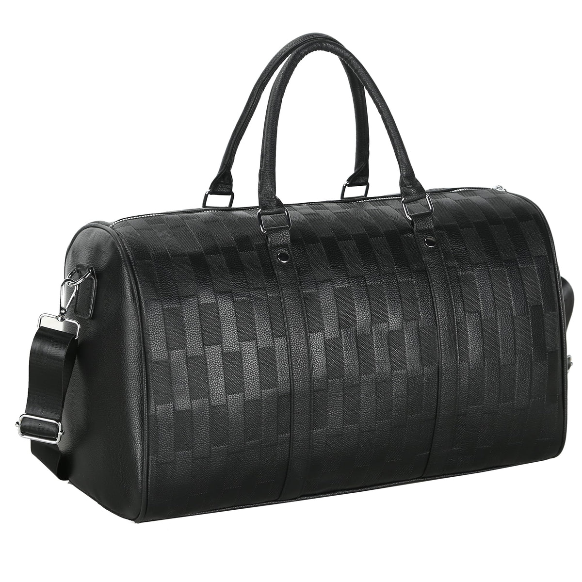 AGVOTK Luxury Black Woven Leather Weekender Duffel Bag Men Women Travel Carry-on, Large Overnight Bag with Handles & Adjustable Shoulder Strap