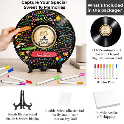 Sweet 16 Party Decorations for Girls and Boys, 11.6 Inch Vinyl Record Guest Book Alternative, 16th Birthday Signature Board with Stand and Pens, 16th Birthday Gifts for Boys Girls