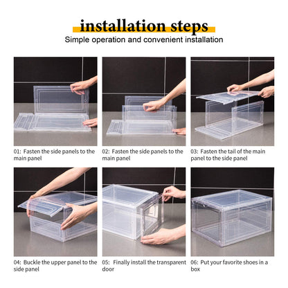 Attelite Shoe Box,Set of 6,Stackable Plastic Clear Shoe Box Organizer with Magnetic Door,Shoe Storage Box Thicken Sturdy,Easy Assembly,Fit up to US Size 12,Black