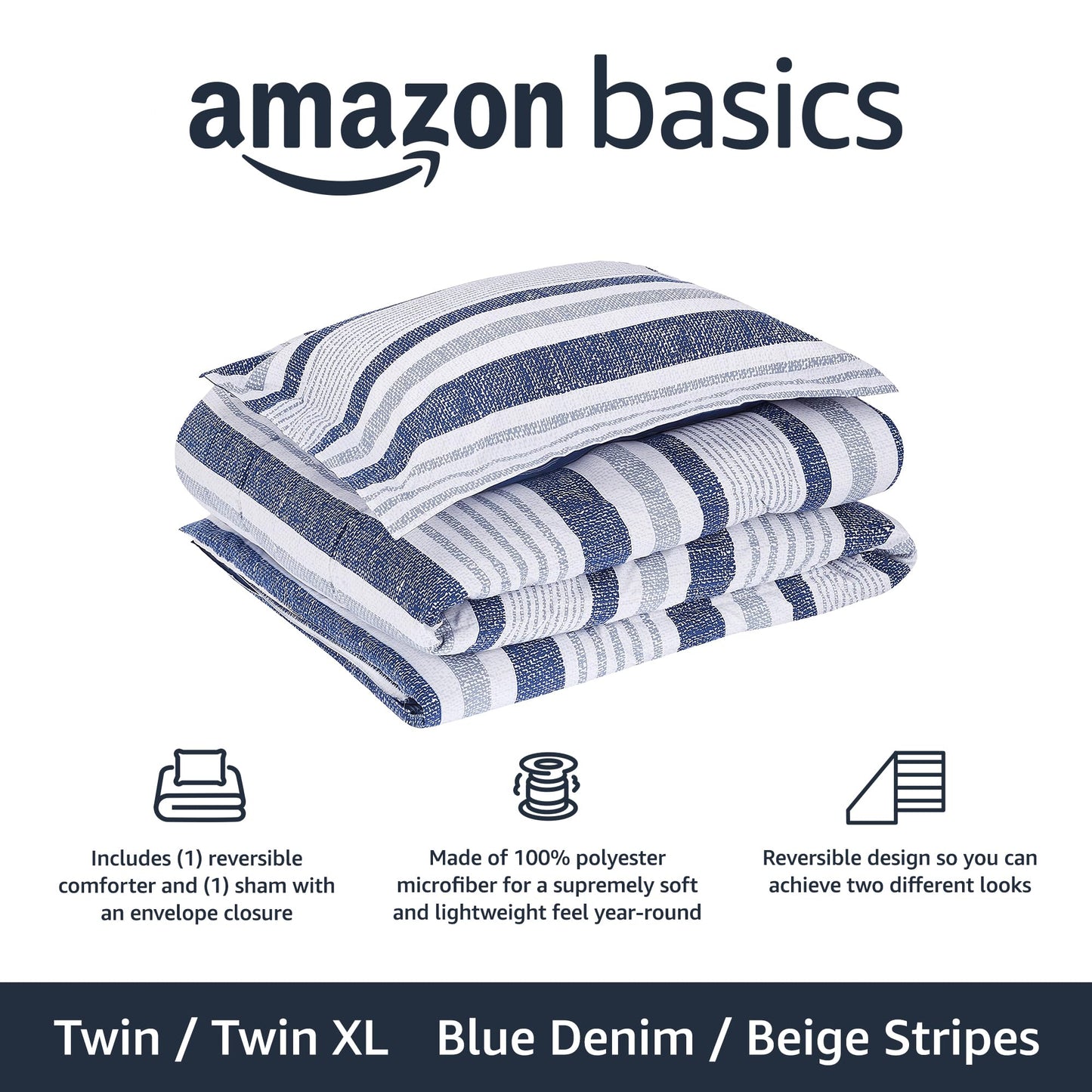Amazon Basics Twin/Twin XL Size Ultra-Soft Lightweight Microfiber Reversible 2-Piece Bedding Comforter Set, Blue Denim/Beige Stripes