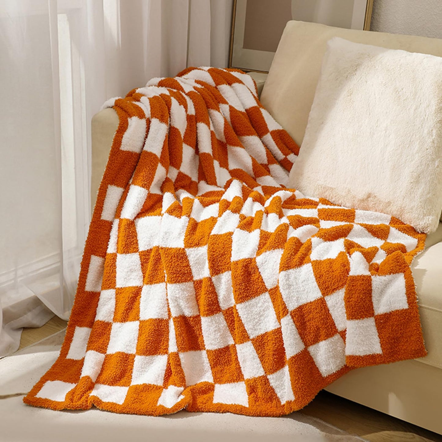 MorroMorn Checkered Throw Blanket for Couch, Orange Throw Blanket 2-Layers Soft Cozy Fleece Plaid Blankets Checkerboard Grid - Fluffy Fuzzy Plush Warm for Sofa Chair Bed Decor Gifts, 50x60 inches