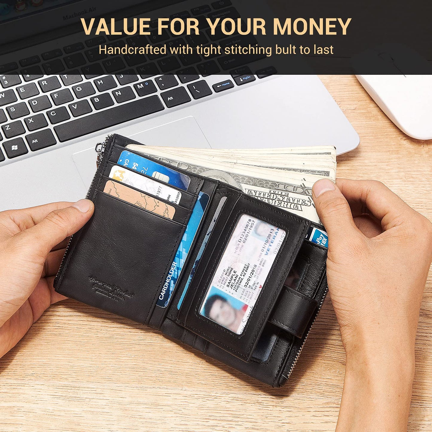 Humerpaul Men's Genuine Leather Wallet with RFID Blocking, Bifold Design, Credit Card Holder, Zipper Coin Pocket, Coffee