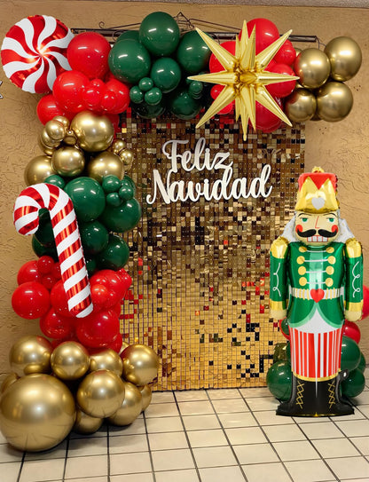 Adeyoo Christmas Balloon Arch Kit Garland - Red Green Gold Christma Balloons with Nutcracker Candy Cane Exploding Star Foil Balloons Xmas Balloon for Xmas Birthday New Year Party Decorations