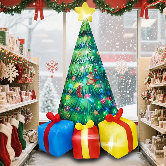 Dearsun 8ft Tall Inflatable Christmas Tree with Rotating LED Lights, Outdoor/Indoor Blow Up Xmas Tree with 3 Gift Boxes, Waterproof Holiday Decor for Yard, Lawn, Party