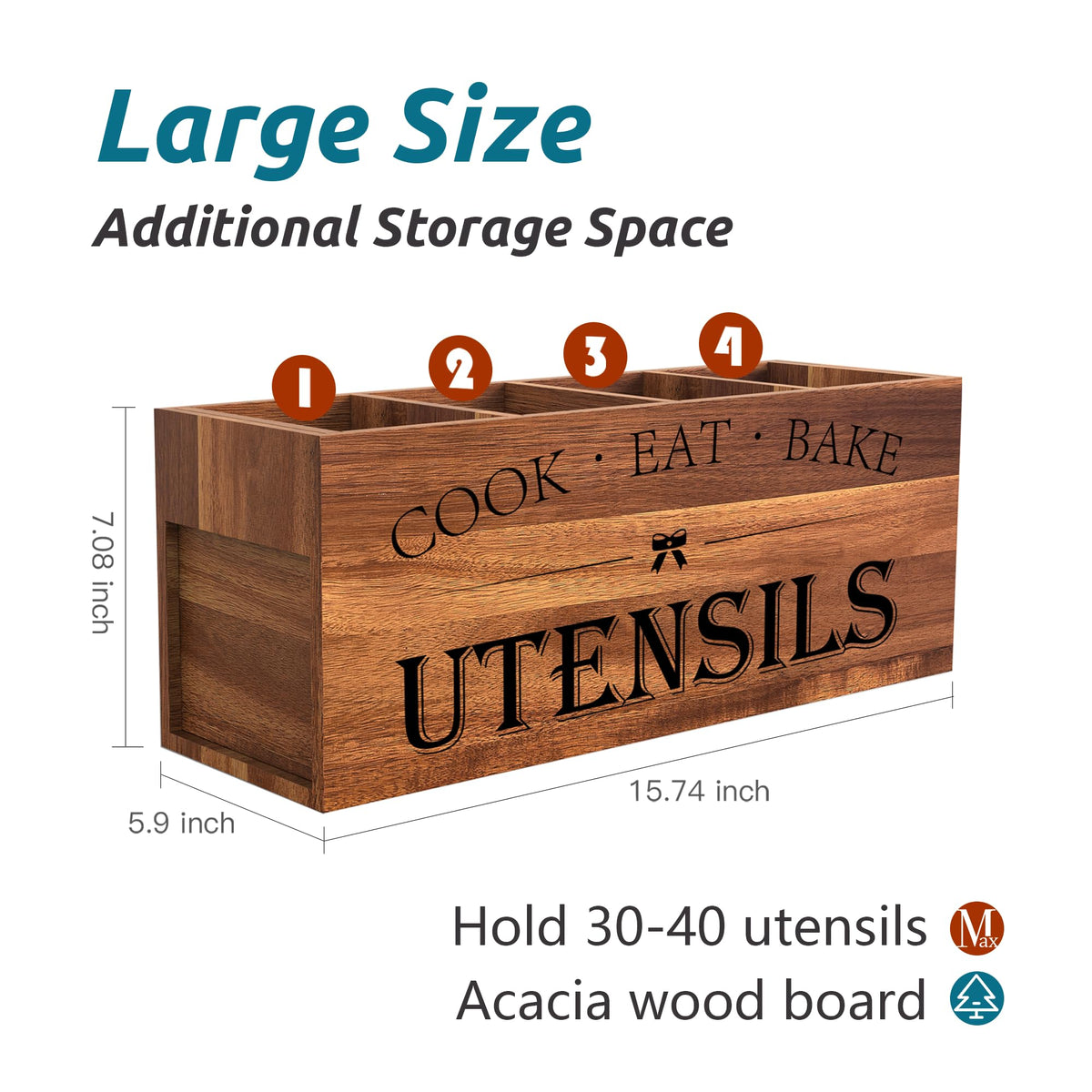 Suli Acacia Wood Utensil Holder for Kitchen Counter,Extra Large Utensils Holder with 4 Compartments,Caddy Organizer for Countertop, Farmhouse Kitchen Decor, Rustic Cooking Utensil-Acacia Brown