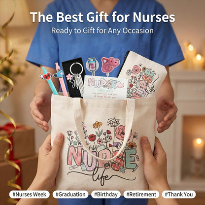 BESARME Nurse Gifts Set for Women, Nurse Essentials Graduation Gifts with Canvas Tote Bag, Keychain, Badge Reel Clips, Pens, Pouch, Greeting Card - Nurse Appreciation Gift