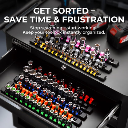 Reniteco 9-Piece Socket Organizer Set - 1/4-Inch x 48 Clips, 3/8-Inch x 45 Clips, 1/2-Inch x 36 Clips, Heavy Duty ABS Socket Holder, Premium Quality Socket Clip Rail Holder for Tool Box Drawer