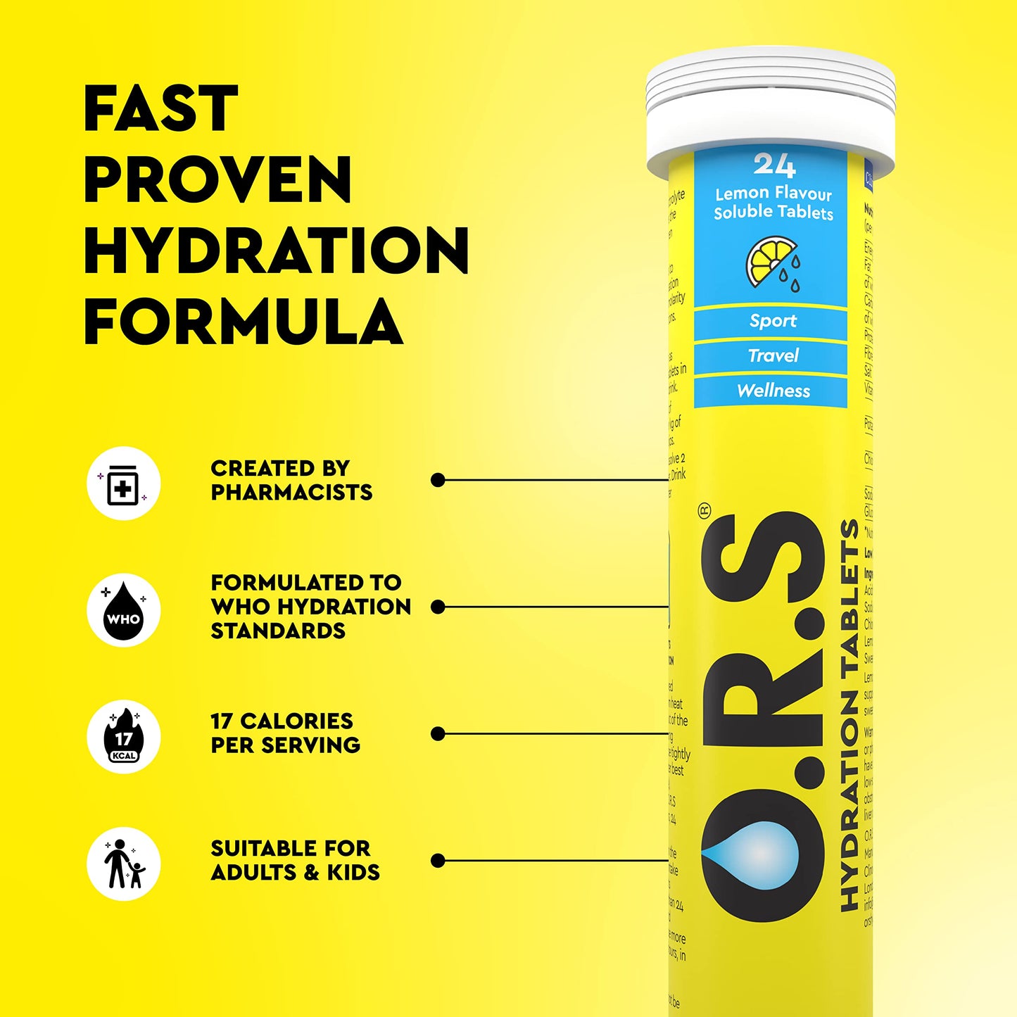 O.R.S Hydration Tablets with Electrolytes, Vegan, Gluten and Lactose Free Formula – Soluble Sports Hydration Tablets with Natural Lemon Flavour, 24 Tablets (Pack of 6 x 24)