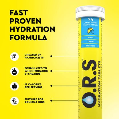 O.R.S Hydration Tablets with Electrolytes, Vegan, Gluten and Lactose Free Formula – Soluble Sports Hydration Tablets with Natural Lemon Flavour, 24 Tablets (Pack of 6 x 24)