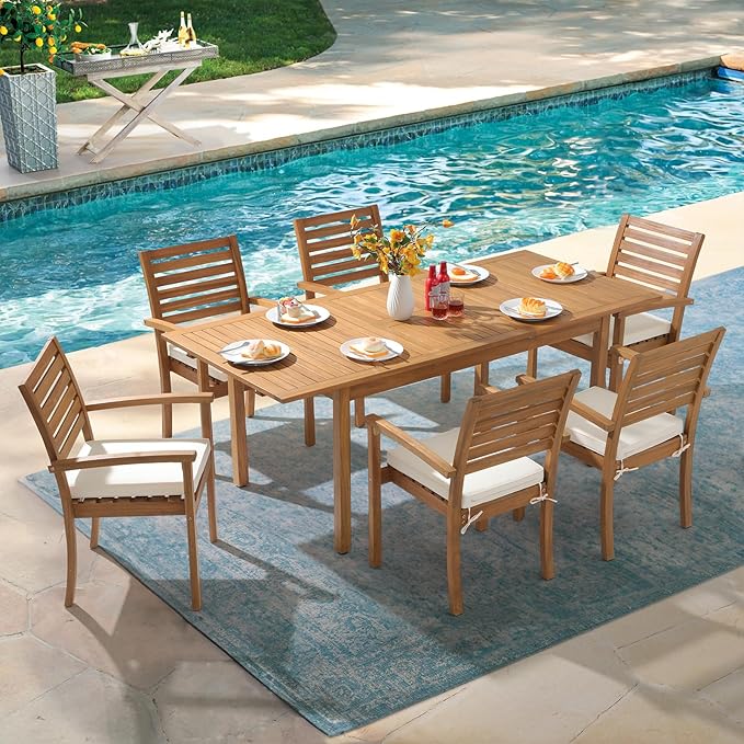 OC Orange-Casual Stackable Patio Dining Chairs Set of 2, Outdoor Acacia Wooden Chairs w/Armrest & Removeable Fabric Cushion, for Porch, Backyard, Garden, Indoor, Beige