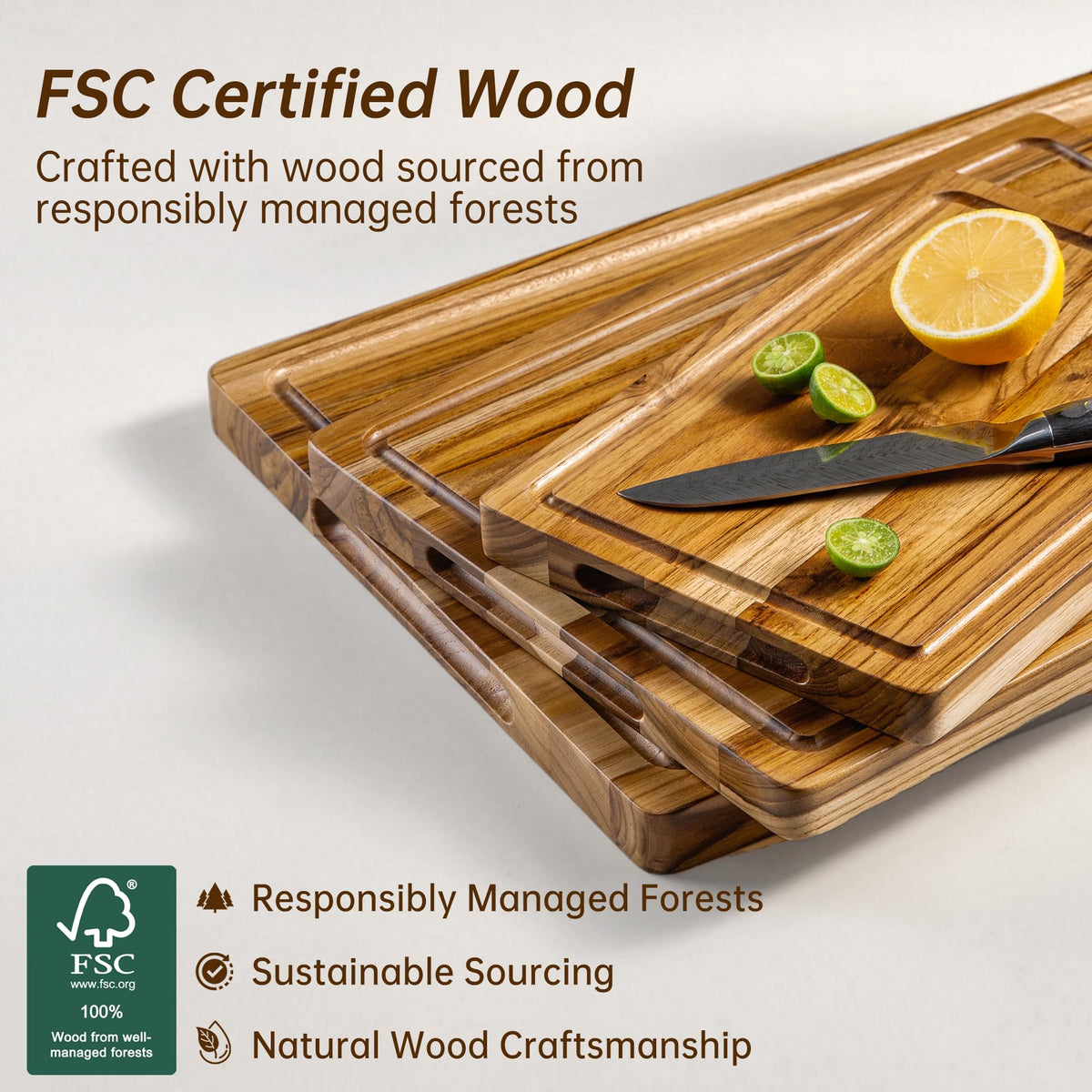 THETCHRY Teak Wood Cutting Board Set of 3 Wooden Cutting Boards for Kitchen