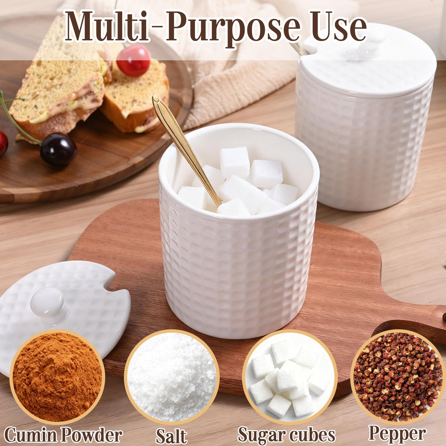 Seworlan Ceramic Sugar Bowl with Lid and Gold Spoon, 16 oz Large Sugar Container for Coffee Bar, Modern Farmhouse Decorative Sugar Holder for Salt, Spice & Seasonings, Dishwasher Safe, White