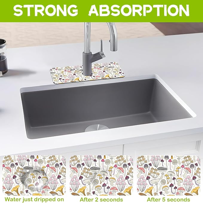 Kitchen Sink Splash Colorful Mushrooms Guard Faucet Mat Super Absorbent Fast