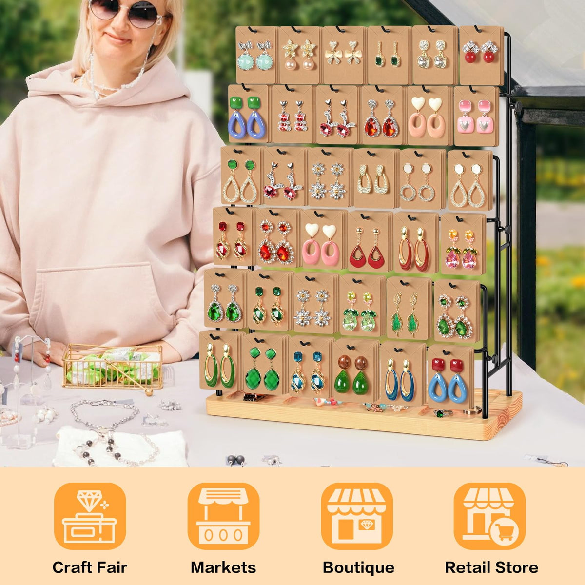 GEAMSAM Jewelry Display for Vendors, 36 Hooks Earring Display Stands for Selling, Earring Holder Organizer for Earring Cards, Bracelets, Necklaces, Rings, Keychains Retail-Burlywood