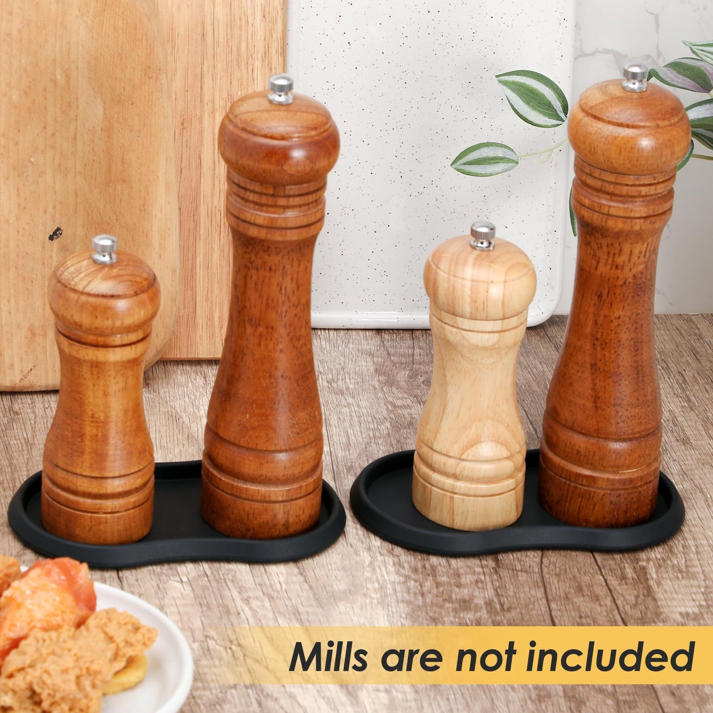 Koluti Salt and Pepper Mill Silicone Tray Set of 2, Kitchen Pepper Grinder Rest Seasoning Bottle Holder for Counter, Dining Table Protector and Rustic Small Board Decorative Serving Platter, Black