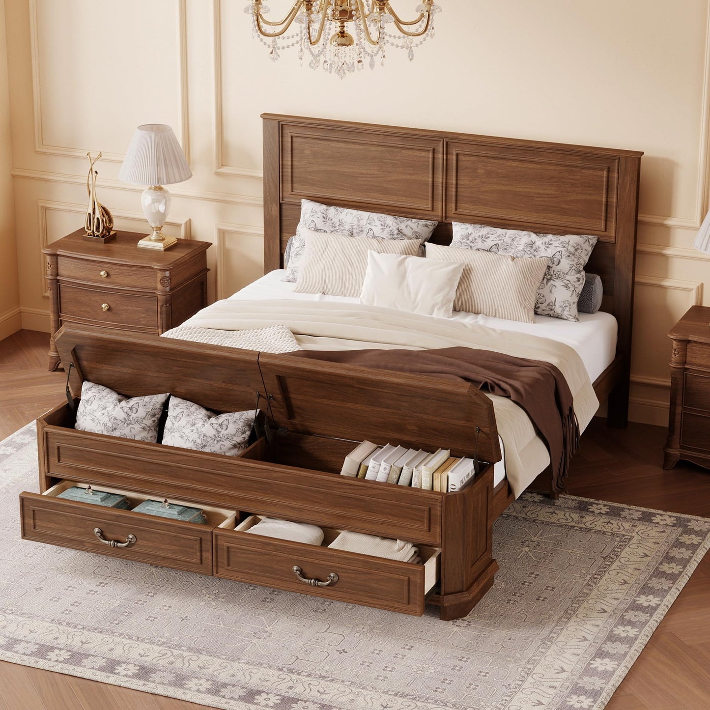 KEIKI Queen Size Farmhouse Style Bed Frame with Storage Bench, 2 Drawers & Lift-Top Compartments, Solid Wood Platform Bed with High Panel Headboard, Under-Bed Storage, No Box Spring Needed, Walnut