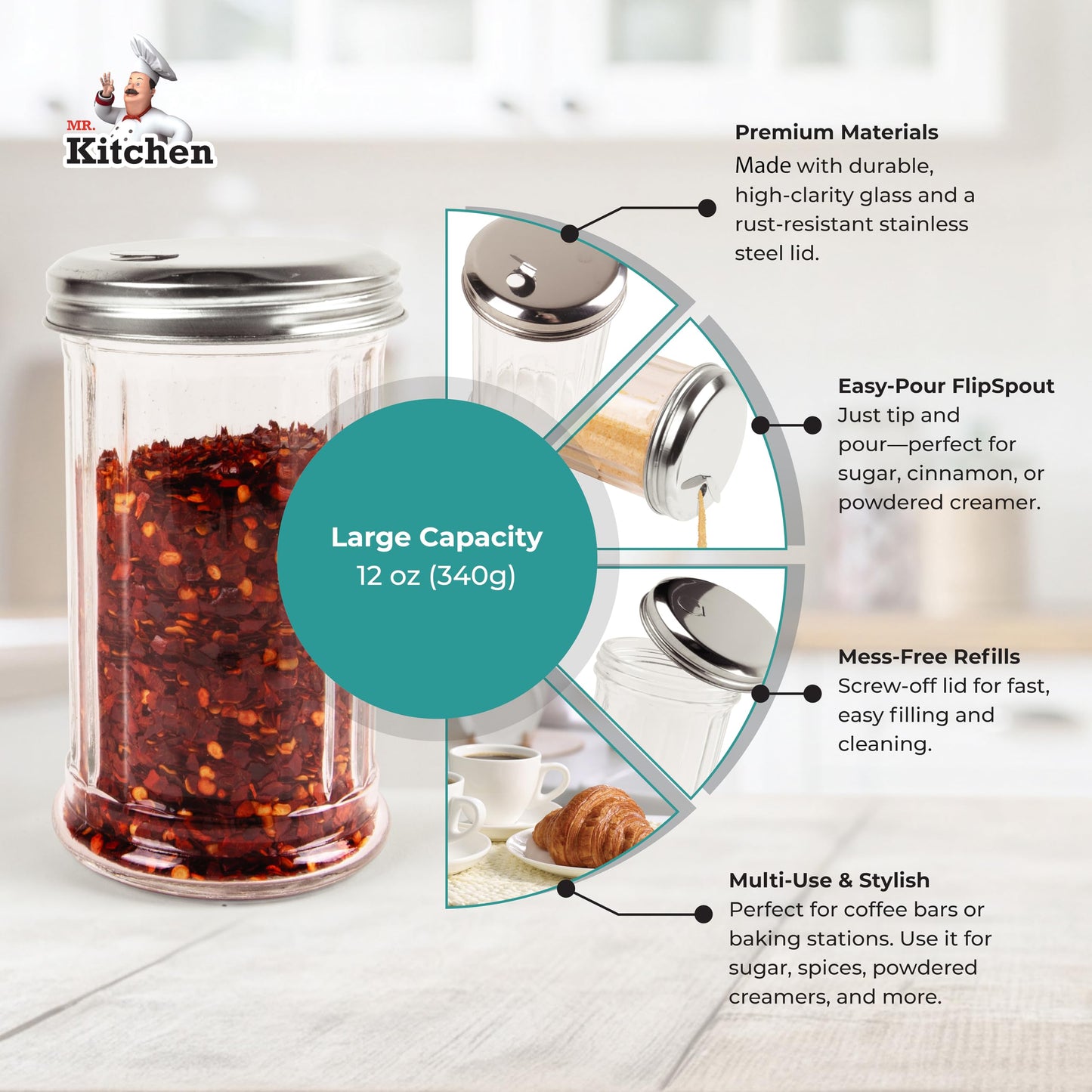 2 Pack Salt Sugar Shaker dispenser - Powder Sugar Dispenser Canisters - Glass Sugar Container with lid - Spice, Cinnamon, Baking Soda, Pourer Bottle Jar holder for Coffee Bar or Kitchen Countertop
