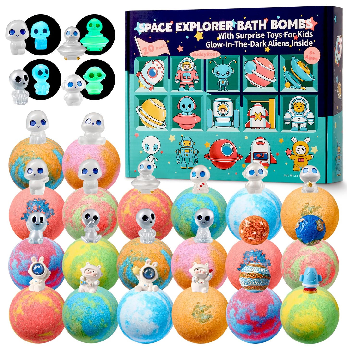 20 Pack Galaxy Bath Bombs for Kids with Space Explorer Toys, Cosmic Adventure Kids Bath Bombs with Astronauts, Rockets, Planets & Glow-in-The-Dark Aliens Inside,End-of-School Year Gifts