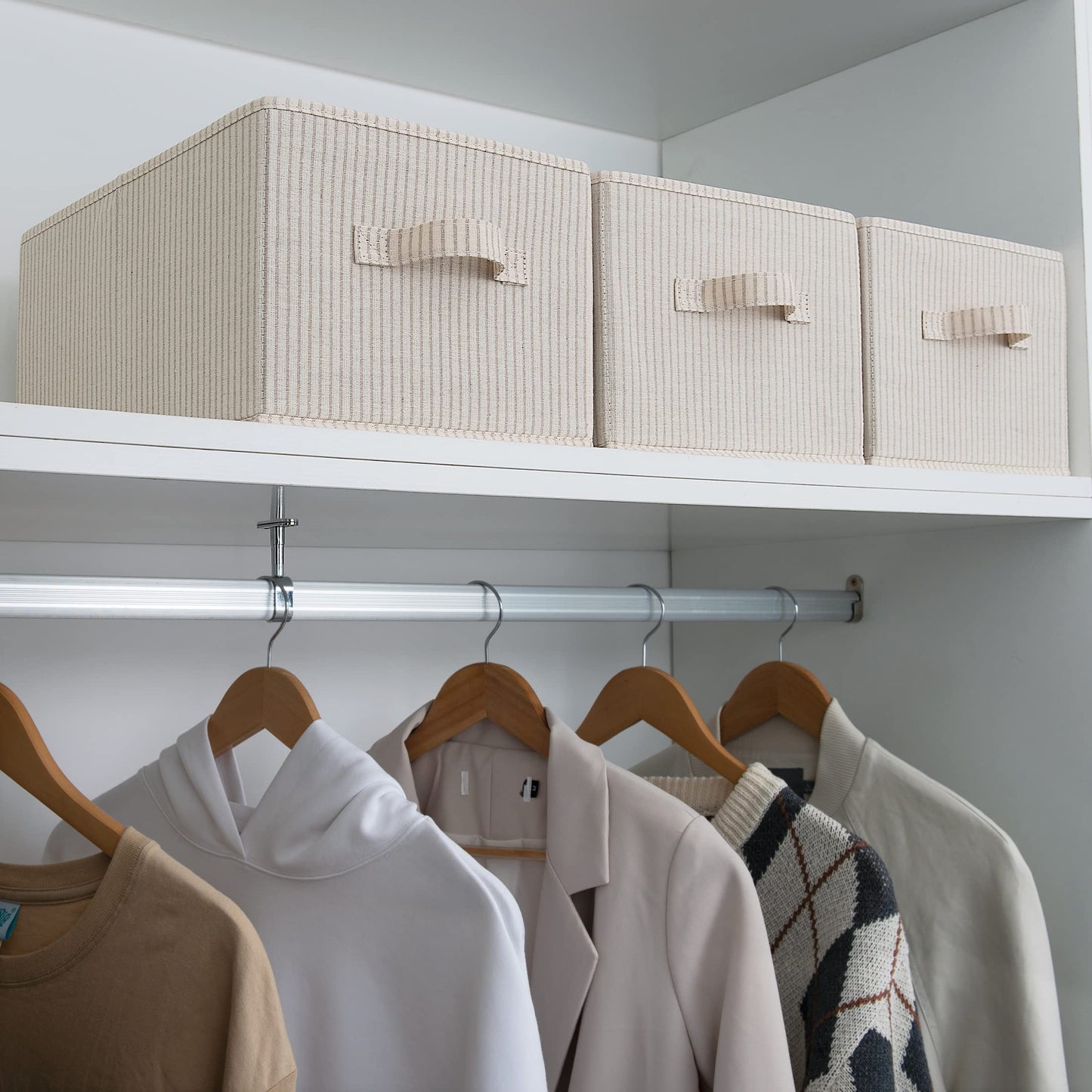 StorageWorks Shelf Storage Boxes, Large Storage Baskets for Shelves, Rectangular Closet Organisers with Handles, Foldable Closet Storage Baskets for Utility Room, Beige Stripes, 3-Pack