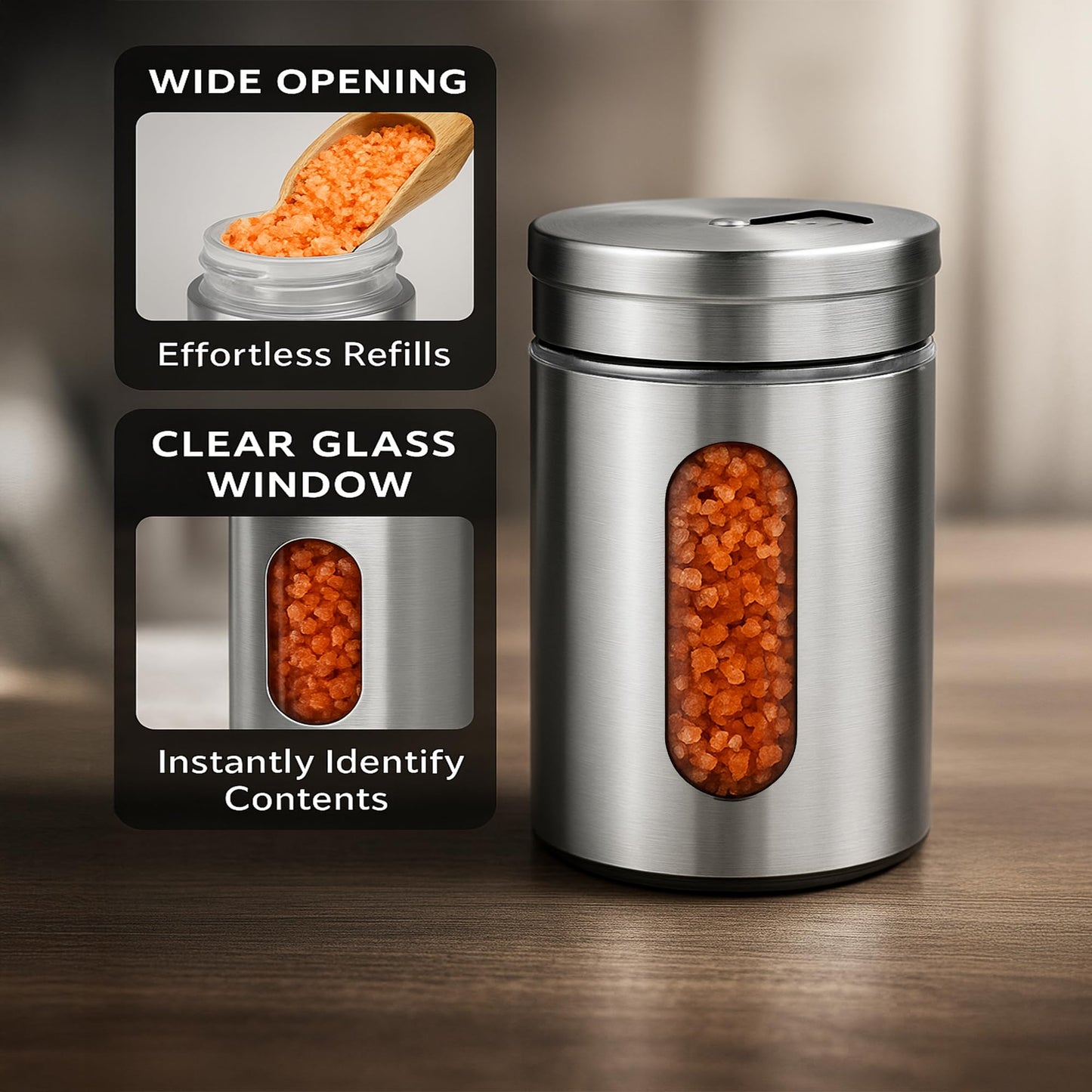 GOOHERA 4-Piece Salt and Pepper Shakers Set, 100mL (3.38oz) Each – Premium Stainless Steel Spice Dispensers with Adjustable Pour Holes – SILVER