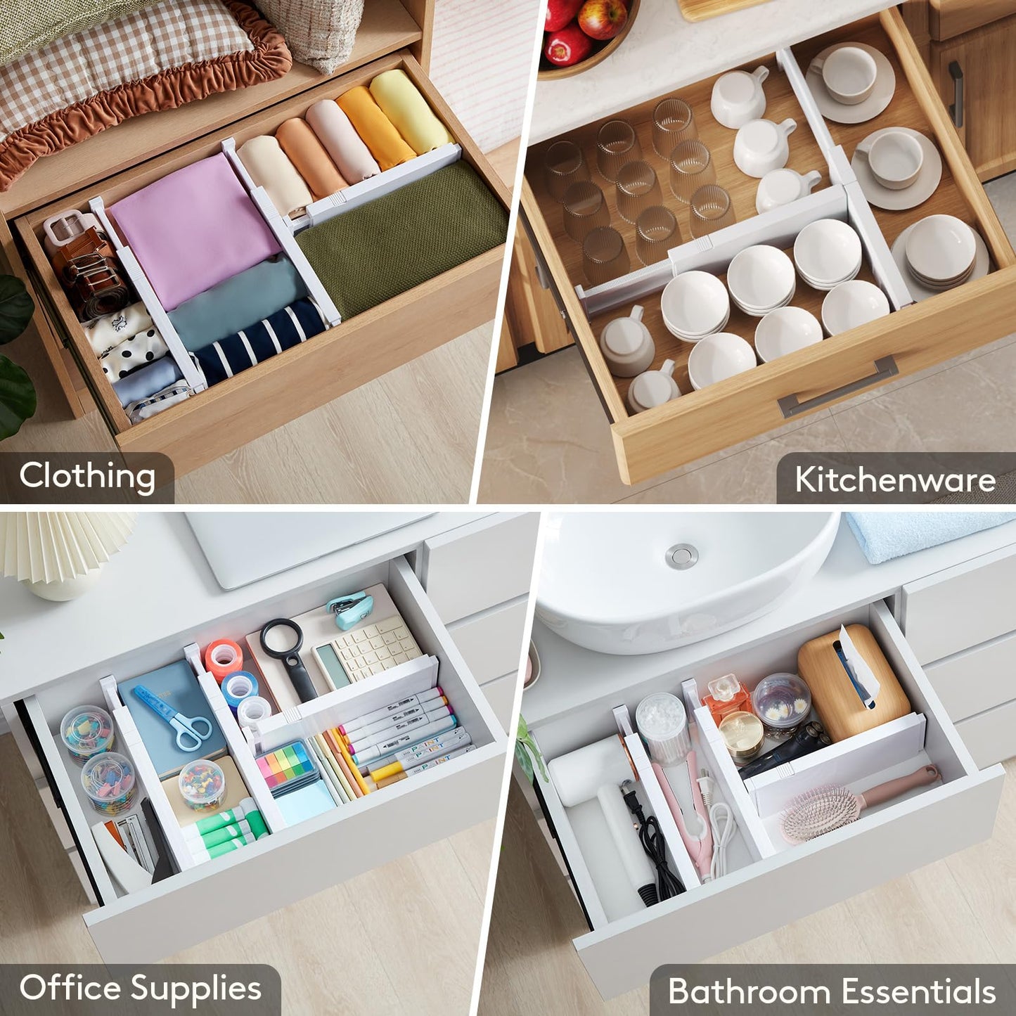 Lifewit 8 Pack Upgrade Drawer Dividers for Clothes, 4" High 11"-17" Adjustable Dresser Drawer Organizers, Expandable White Plastic Drawer Separators for Kitchen, Nursery, Office Organization & Storage