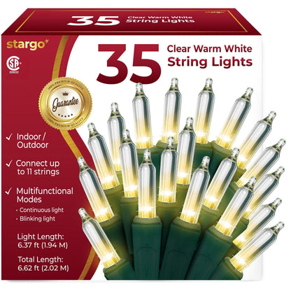 Clear Warm White Christmas Tree Lights - 6.3 ft String of 35 Incandescent Mini Bulbs Multifunctional Lighting Modes, for Decorative, Bedroom, Outdoor, Xmas Twinkle Lights with Green Wire Total 6.6 ft