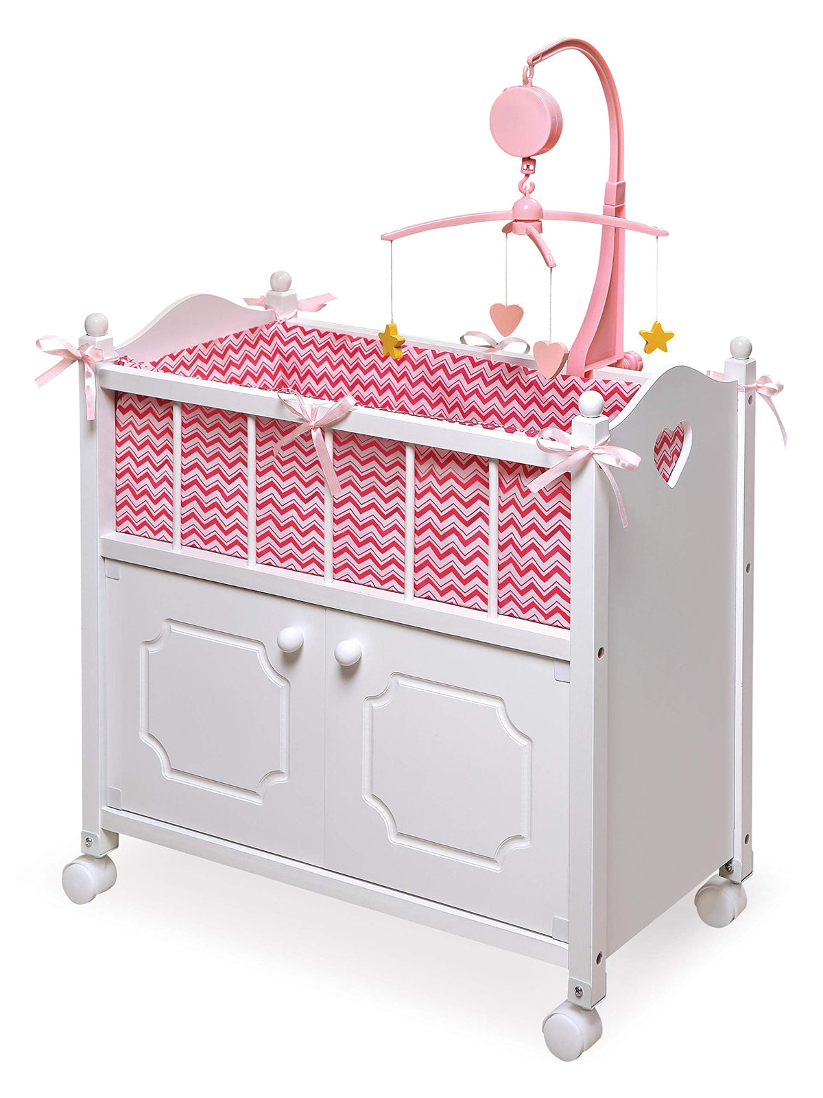 Badger Basket Wooden Toy Doll Bed with Storage, Mobile, and Bedding - Includes Wheels and Free Personalization Kit to Pretend and Play - White with Pink Chevron Fabric