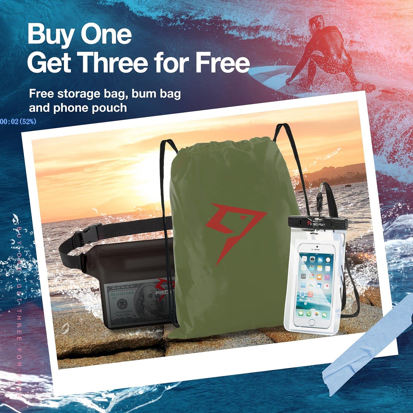 Piscifun Dry Bag Waterproof, Floating Dry Backpack, Lightweight Waterproof Dry Bag with Waist Pouch and Phone Case for Kayaking, Camping, Beach, Boating & Swimming for Men & Women Army Green 20L