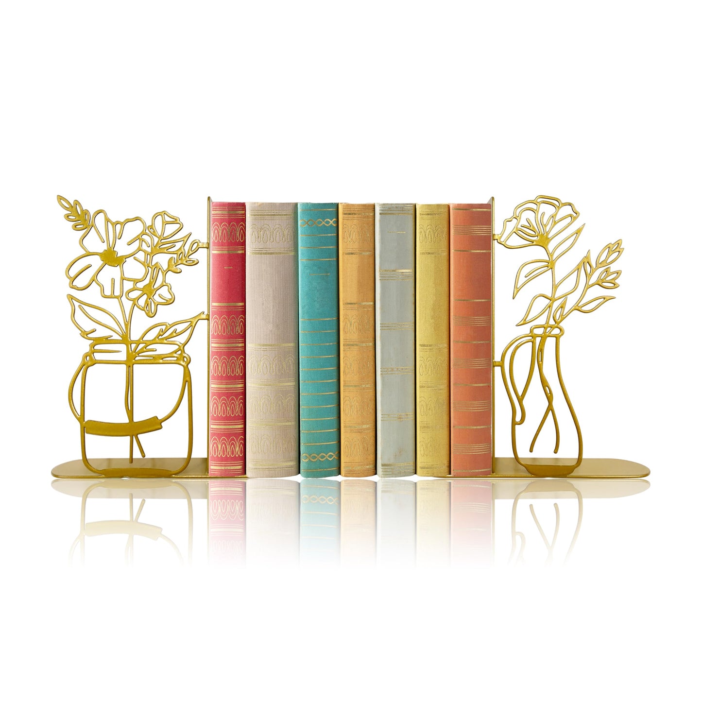 Metal Flower Vase Book Ends, Cute Book Ends for Office Home Decor Decorative Book Ends for Shelves, Ideal Gift for Book Lovers(Gold)