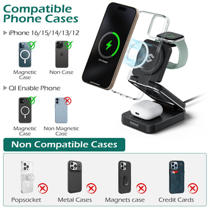 Smtcsl 3-in-1 Foldable Wireless Charging Station: Magnetic Charger Pad Compatible with Phone air 17 16 15 14 13 12 Series/Watch/Air Pods - Portable Folding Stand for Travel