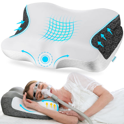 Elviros Cervical Neck Pillow for Neck Pain Relief, CPAP Pillow for Side, Back & Stomach Sleepers, Ergonomic Orthopedic Pillow for CPAP Users to Reduce Air Leaks and Mask Pressure, Dark Grey