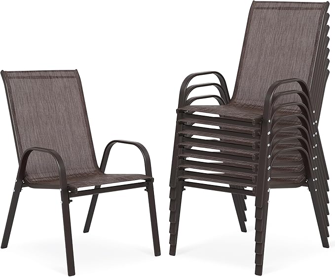 Outdoor Stackable Chairs Set of 8, Stacking Patio Chairs with Textilene Fabric, Outside Furniture for Garden Backyard Balconie Poolside Deck, Brown