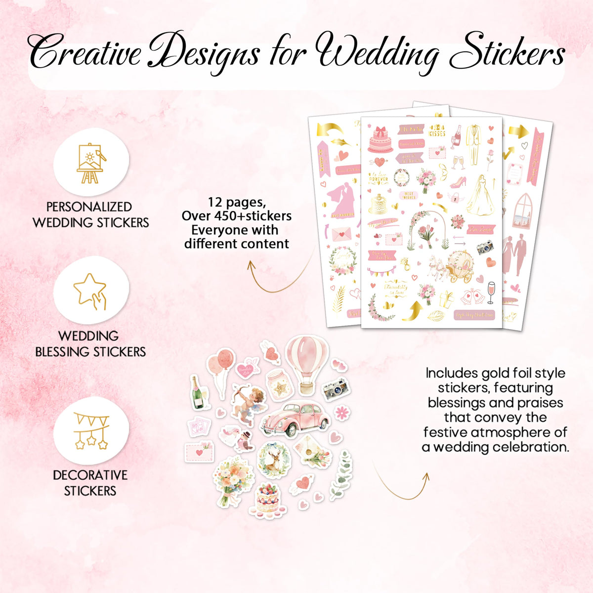 BIROYAL 12 Sheets XL Wedding Stickers for Scrapbooking | Wedding Scrapbook Stickers 6.7" x 9.5" | 450+ Bride Sticker | Bridal Shower Sticker for Engagement, Anniversary, Marriage, Decorations