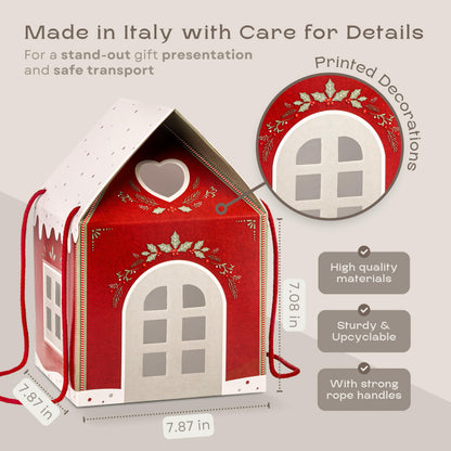 Pack of 5 House Shaped Gift Boxes (7.87 x 7.87 x 7.08 inch) - Mansion Ideal for Presents and for Treats - Red Christmas