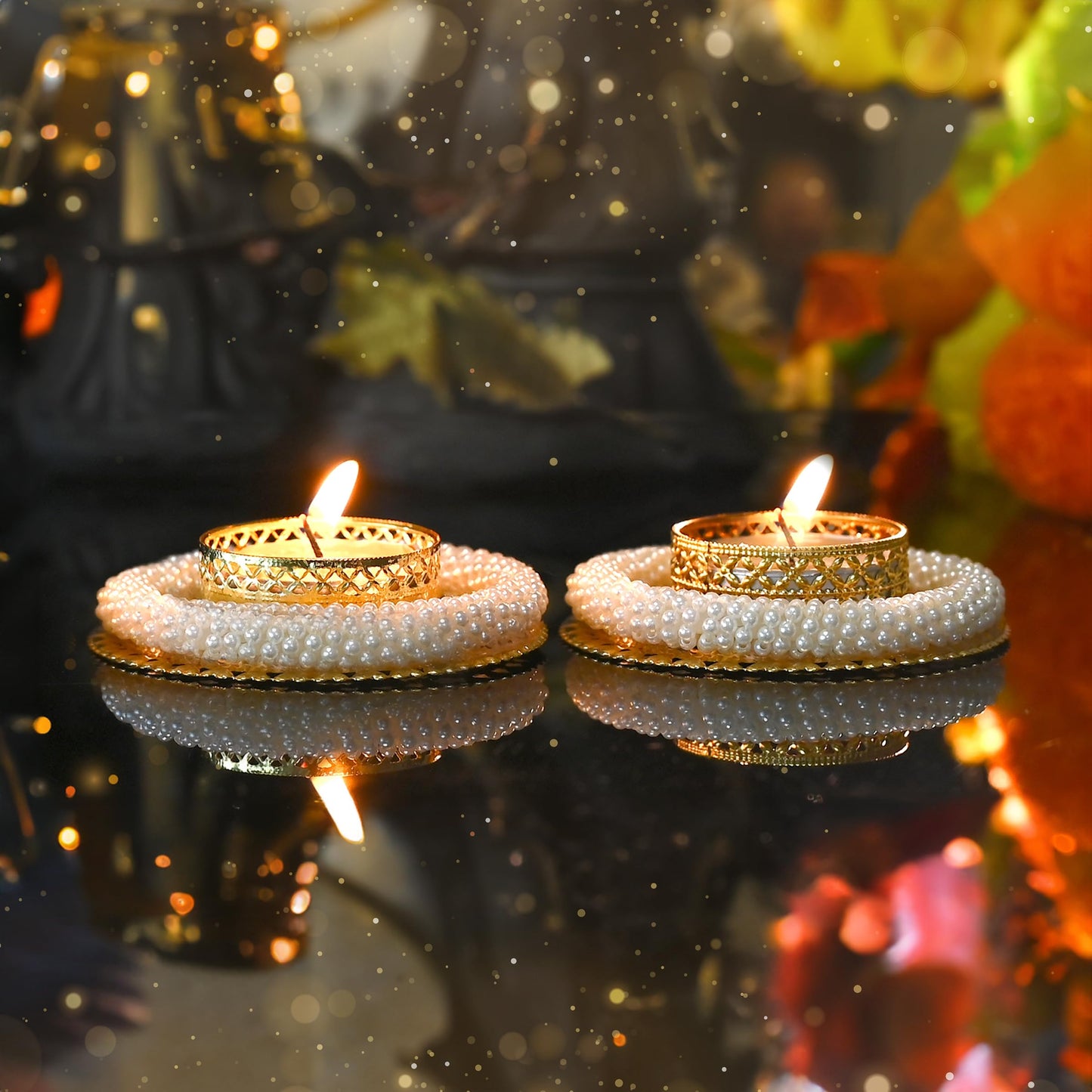 Set of 2 Pearl Moti Design T Light Holder Candle Stand Tealight T-Light Holders for Indian Traditional Diwali Decorations Lighting Accessories Wedding Home Decor(without Wax)(Size:-3)(White,Golden)