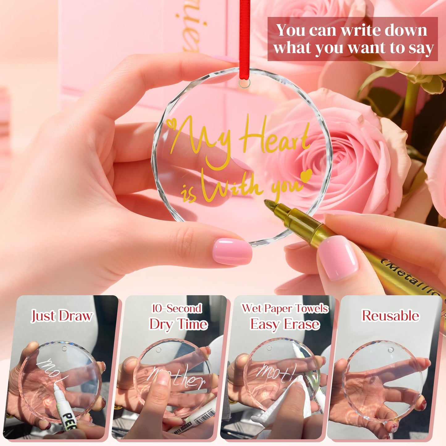 kanpura 6 Pcs Personalized Glass Ornaments Set 3 Inch Clear Round Glass Ornament Blank with Red Ribbon for DIY Crafting Holiday Decor (Includes Black, White, and Gold Markers)