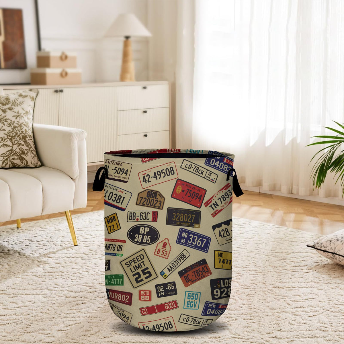 Colourful Car Number Plates Laundry Basket, Laundry Hamper Collapsible Oxford Cloth with Handle Clothes Storage Bin for Bathroom Laundry Room Bedroom 15.7 X 20 Inch